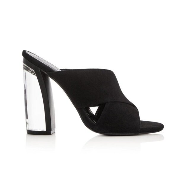 Kendall & Kylie Karmen Mules Heels Criss Cross Lucite Acrylic Clear Suede Black - Picture 3 of 16